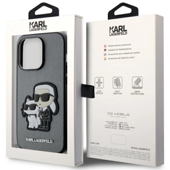 Etui Karl Lagerfeld Saffiano Karl&Choupette na iPhone 14 Pro - srebrne