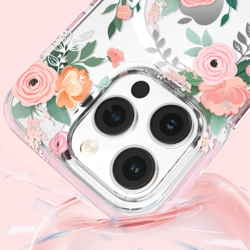 Kingxbar Flora Series magnetyczne etui iPhone 14 Plus MagSafe ozdobione nadrukiem w kwiaty rose