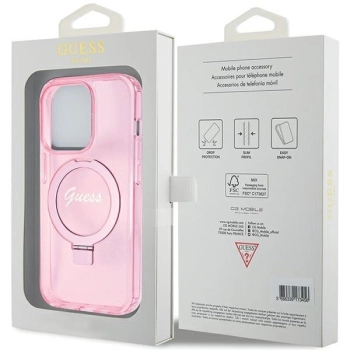 Etui Guess Ring Stand Script Glitter MagSafe na iPhone 15 Pro Max - różowe