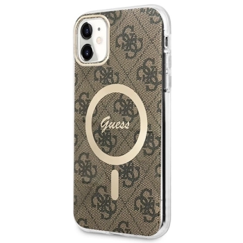 Etui Guess 4G Print MagSafe na iPhone 11 + ładowarka indukcyjna - brązowe
