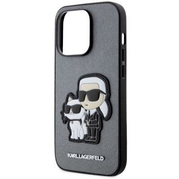 Etui Karl Lagerfeld Saffiano Karl&Choupette na iPhone 14 Pro - srebrne
