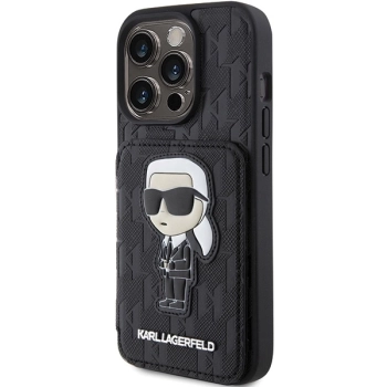 Etui Karl Lagerfeld Saffiano Cardslots and Stand Monogram Ikonik Patch do iPhone 15 Pro - czarne