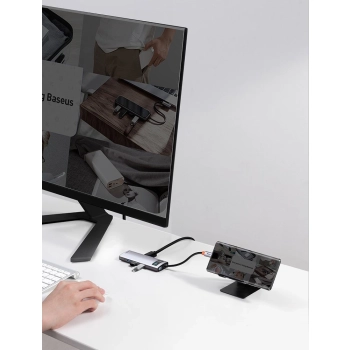 Baseus Metal Gleam 8w1 wielofunkcyjny HUB USB Typ C - USB Typ C Power Delivery 100 W / HDMI 4K 30 Hz / czytnik kart SD i microSD / 3x USB 3.2 Gen 1 /