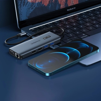 Choetech HUB wielofunkcyjny z wyświetlaczem 12w1 USB-C do 1xUSB-C/4xUSB-A/2xHDMI/1xVGA/1xAUX/czytnik kart pamięci szary (HUB-M26)