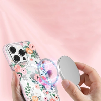 Kingxbar Flora Series magnetyczne etui iPhone 14 MagSafe ozdobione nadrukiem w kwiaty rose
