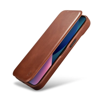 iCarer CE Oil Wax Premium Leather Folio Case skórzane etui iPhone 14 z klapką magnetyczne MagSafe brązowy (AKI14220705-BN)