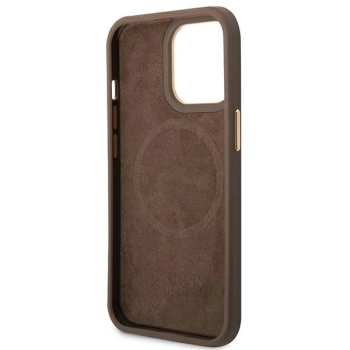 Etui Guess 4G Logo Plate MagSafe na iPhone 14 Pro - brązowe