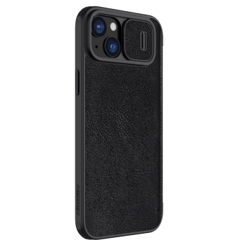 Skórzane etui z klapką osłoną aparatu do iPhone 15 Plus Nillkin Qin Pro Leather - czarne