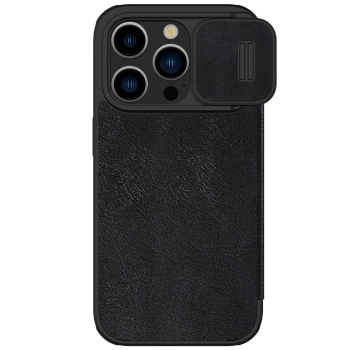 Skórzane etui z klapką osłoną aparatu do iPhone 15 Pro Nillkin Qin Pro Leather - czarne