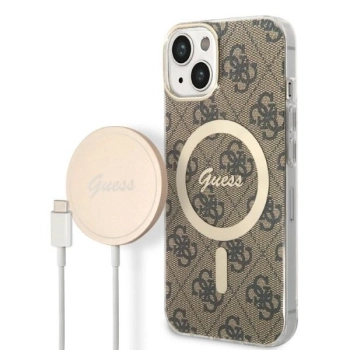 Etui Guess 4G Print MagSafe na iPhone 14 Plus + ładowarka indukcyjna - brązowe