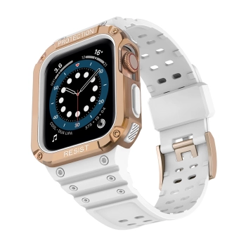 Protect Strap Band opaska z etui do Apple Watch 7 / 6 / 5 / 4 / 3 / 2 / SE (41 / 40 / 38mm) obudowa pancerny pokrowiec na zegarek biały / różowe złoto