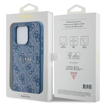 Etui Guess 4G Collection Leather Metal Logo MagSafe na iPhone 15 Pro Max - niebieskie