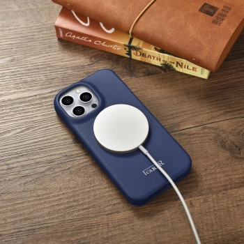 iCarer CE Premium Leather Folio Case skórzane etui iPhone 14 Pro Max z klapką magnetyczne MagSafe niebieski (WMI14220716-BU)