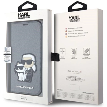 Etui Karl Lagerfeld Saffiano Karl&Choupette na iPhone 14 - srebrne
