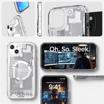 Etui Spigen Ultra Hybrid Mag z MagSafe na iPhone 15 Plus - białe (wzór Zero One)