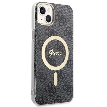 Etui Guess 4G Print MagSafe na iPhone 14 + ładowarka indukcyjna - czarne