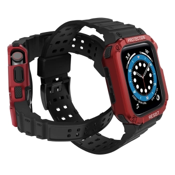 Protect Strap Band opaska z etui do Apple Watch 7 / 6 / 5 / 4 / 3 / 2 / SE (41 / 40 / 38mm) obudowa pancerny pokrowiec na zegarek czarny / czerwony