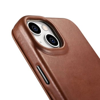iCarer CE Oil Wax Premium Leather Folio Case skórzane etui iPhone 14 z klapką magnetyczne MagSafe brązowy (AKI14220705-BN)