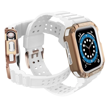 Protect Strap Band opaska z etui do Apple Watch 7 / 6 / 5 / 4 / 3 / 2 / SE (41 / 40 / 38mm) obudowa pancerny pokrowiec na zegarek biały / różowe złoto