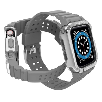 Protect Strap Band opaska z etui do Apple Watch 7 / 6 / 5 / 4 / 3 / 2 / SE (41 / 40 / 38mm) obudowa pancerny pokrowiec na zegarek szary / srebrny