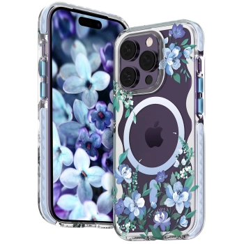 Kingxbar Flora Series magnetyczne etui iPhone 14 Pro Max MagSafe ozdobione nadrukiem w kwiaty orchid