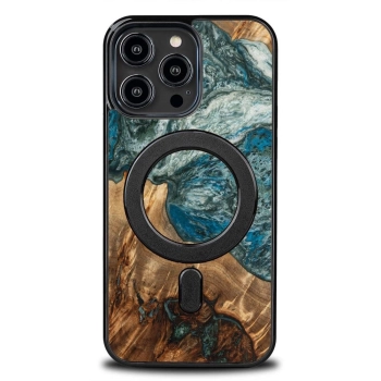 Etui z drewna i żywicy na iPhone 15 Pro Max MagSafe Bewood Unique Planeta Ziemia - niebiesko-zielone
