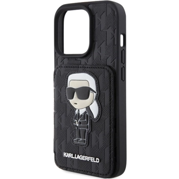 Etui Karl Lagerfeld Saffiano Cardslots and Stand Monogram Ikonik Patch do iPhone 15 Pro - czarne