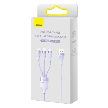 Baseus Flash Series Ⅱ kabel 3w1 do szybkiego ładowania USB-A do USB-C / Micro-USB / Lightning 66W 480Mb/s 1.2m fioletowy