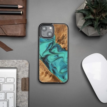 Etui z drewna i żywicy na iPhone 13 Mini Bewood Unique Turquoise - turkusowo-czarne