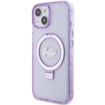 Etui Guess Ring Stand Script Glitter MagSafe na iPhone 15 - fioletowe