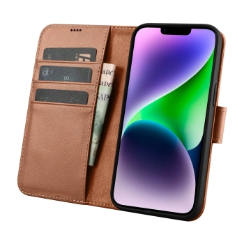 iCarer Wallet Case 2in1 etui iPhone 14 Plus skórzany pokrowiec z klapką Anti-RFID brązowy (WMI14220727-BN)