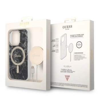 Etui Guess Marble MagSafe na iPhone 14 Pro Max + ładowarka indukcyjna - czarne