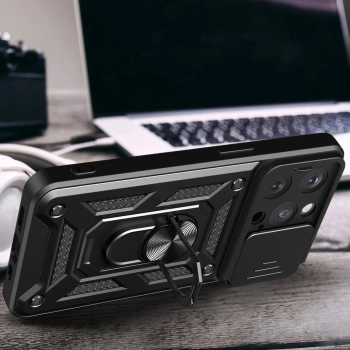 Pancerne etui z podstawką i osłoną aparatu do iPhone 15 Pro Hybrid Armor Camshield - czarny