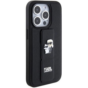 Etui Karl Lagerfeld Gripstand Saffiano Karl&Choupette Pins na iPhone 15 Pro - czarne