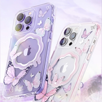 Kingxbar Butterfly Series magnetyczne etui iPhone 14 Plus MagSafe etui z motylami fioletowe