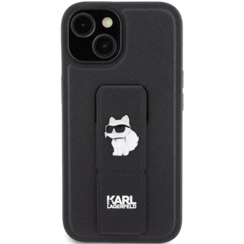 Etui Karl Lagerfeld Gripstand Saffiano Choupette Pins na iPhone 15 Plus / 14 Plus - czarne
