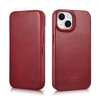 iCarer CE Oil Wax Premium Leather Folio Case skórzane etui iPhone 14 z klapką magnetyczne MagSafe czerwony (AKI14220705-RD)