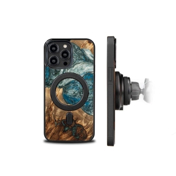 Etui z drewna i żywicy na iPhone 15 Pro Max MagSafe Bewood Unique Planeta Ziemia - niebiesko-zielone