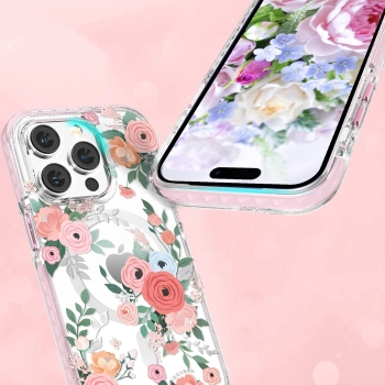 Kingxbar Flora Series magnetyczne etui iPhone 14 Plus MagSafe ozdobione nadrukiem w kwiaty rose