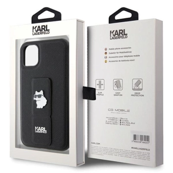 Etui Karl Lagerfeld Gripstand Saffiano Choupette Pins na iPhone 11 / Xr - czarne