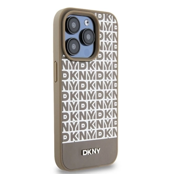 Etui DKNY Leather Printed Pattern Metal Logo MagSafe na iPhone 15 Pro - brązowe