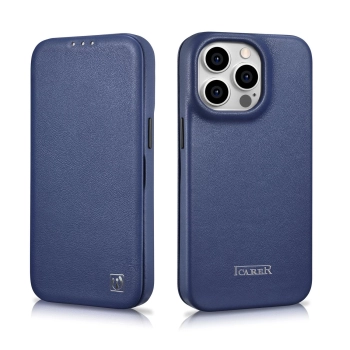 iCarer CE Premium Leather Folio Case skórzane etui iPhone 14 Pro Max z klapką magnetyczne MagSafe niebieski (WMI14220716-BU)