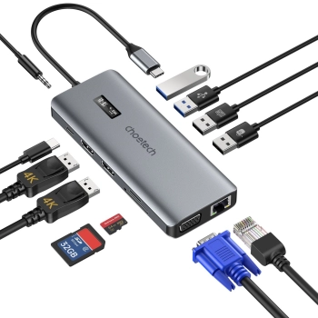Choetech HUB wielofunkcyjny z wyświetlaczem 12w1 USB-C do 1xUSB-C/4xUSB-A/2xHDMI/1xVGA/1xAUX/czytnik kart pamięci szary (HUB-M26)