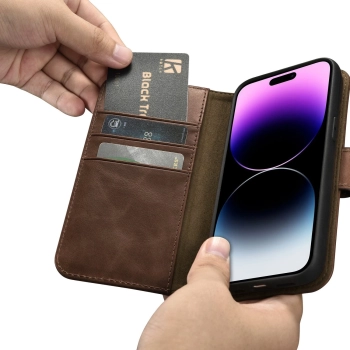 iCarer Oil Wax Wallet Case 2in1 etui iPhone 14 Pro skórzany pokrowiec z klapką Anti-RFID brązowy (WMI14220722-BN)