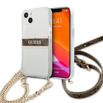 Etui Guess 4G Brown Strap Gold Chain na iPhone 13 - przezroczyste