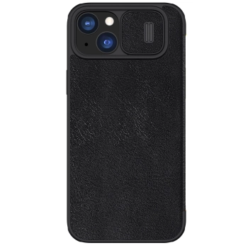 Skórzane etui z klapką osłoną aparatu do iPhone 15 Plus Nillkin Qin Pro Leather - czarne