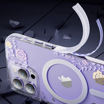 Kingxbar Flora Series magnetyczne etui iPhone 14 Plus MagSafe ozdobione nadrukiem w kwiaty orchid