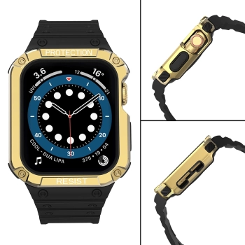 Protect Strap Band opaska z etui do Apple Watch 7 / 6 / 5 / 4 / 3 / 2 / SE (41 / 40 / 38mm) obudowa pancerny pokrowiec na zegarek czarny / złoty