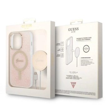 Etui Guess 4G Print MagSafe na iPhone 14 Pro + ładowarka indukcyjna - różowe