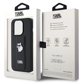 Etui Karl Lagerfeld Gripstand Saffiano Choupette Pins na iPhone 14 Pro - czarne